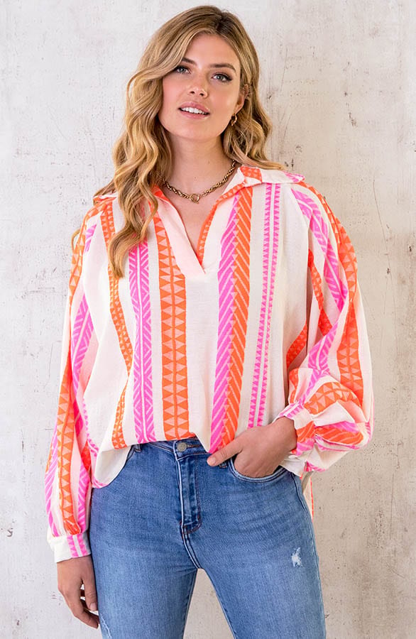Oversized Kelim Blouse Fuchsia Oranje – shoparchief, foto 1