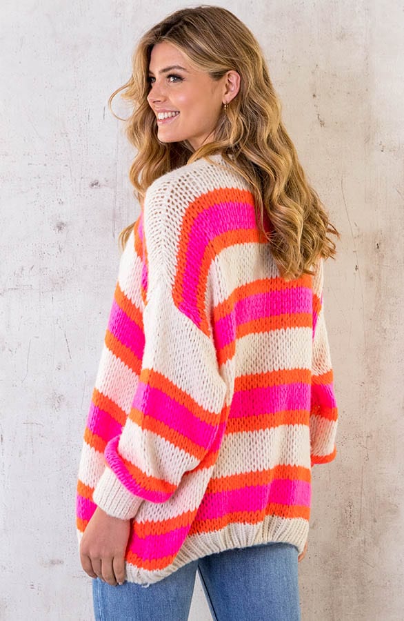 Oversized Knitted Strepen Vest Neon Roze Oranje – shoparchief, foto 6