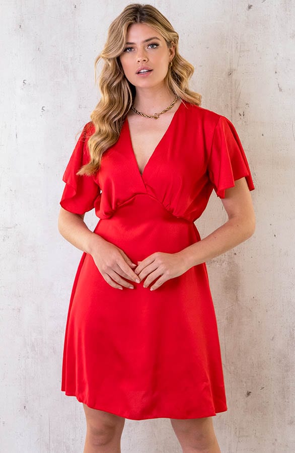 Satijnen Jurk Met Volant Mouw Rood – shoparchief, foto 2