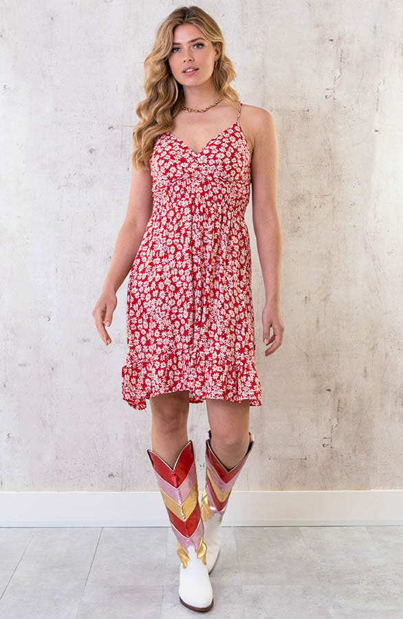 Spaghetti Jurk Flowers Rood – shoparchief, foto 7