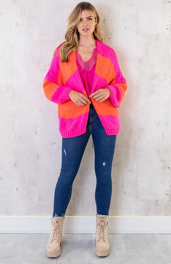 Oversized Knitted Strepen Vest Fluor Roze Oranje – shoparchief, foto 7