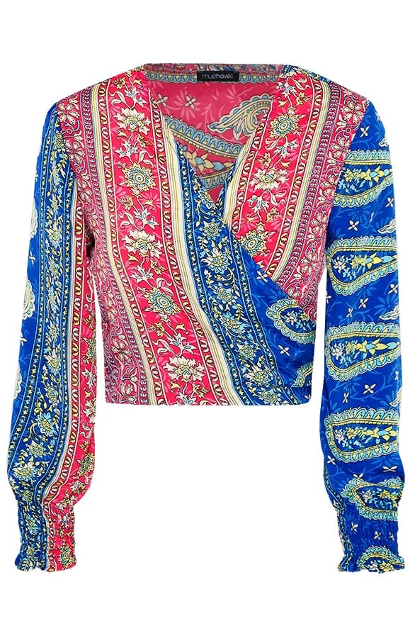 Paisley Overslag Cropped Blouse Fuchsia Kobalt – shoparchief, foto 1