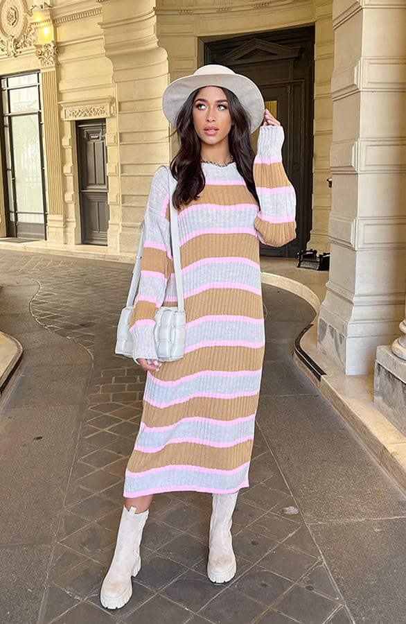 Gebreide Strepen Jurk Beige Roze – shoparchief, foto 1