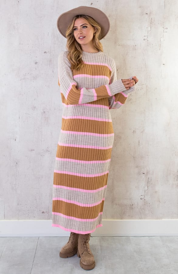 Gebreide Strepen Jurk Beige Roze – shoparchief, foto 8