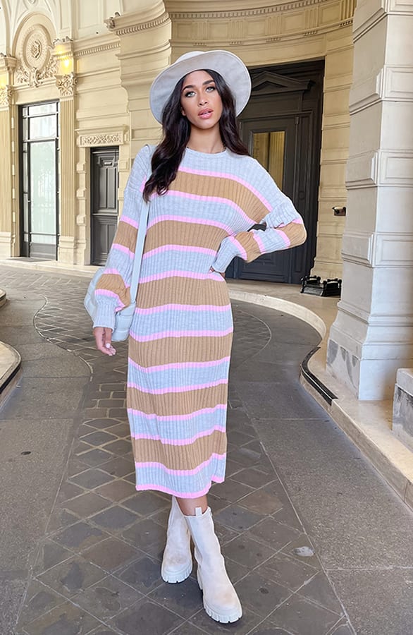 Gebreide Strepen Jurk Beige Roze – shoparchief, foto 3