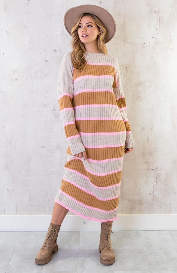 Gebreide Strepen Jurk Beige Roze – shoparchief, foto 6