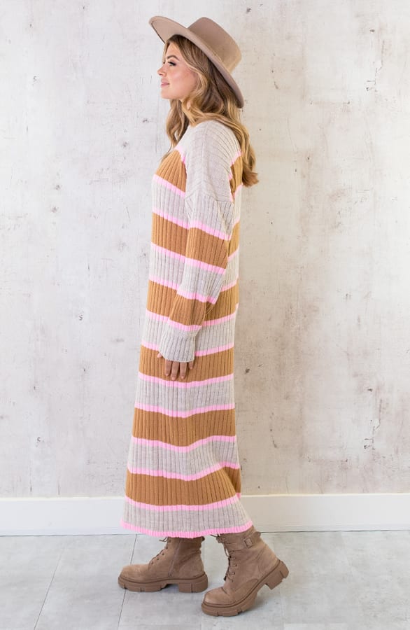 Gebreide Strepen Jurk Beige Roze – shoparchief, foto 9