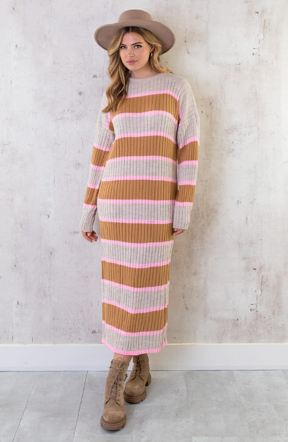 Gebreide Strepen Jurk Beige Roze – shoparchief, foto 7