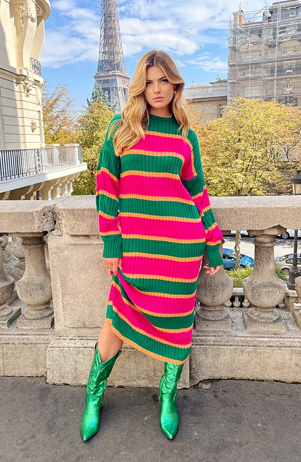 Gebreide Strepen Jurk Roze Groen – shoparchief, foto 1