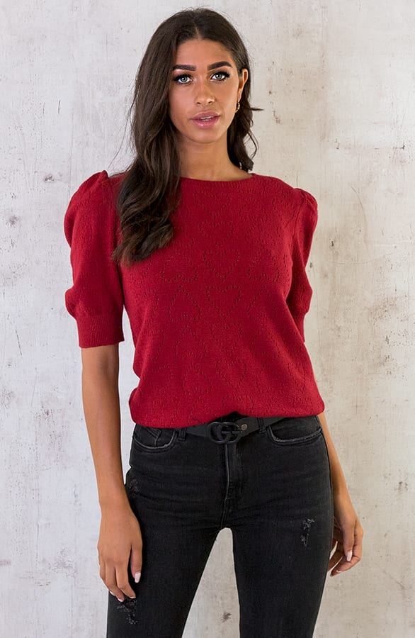 Hartjes Knitted Pofmouwen Top Bordeaux – shoparchief, foto 1