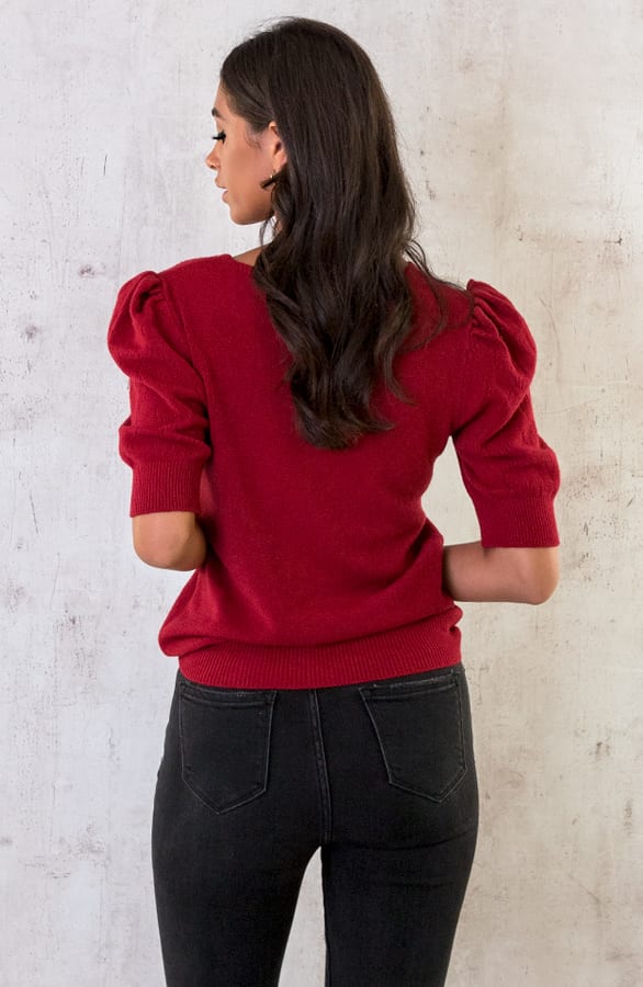Hartjes Knitted Pofmouwen Top Bordeaux – shoparchief, foto 3