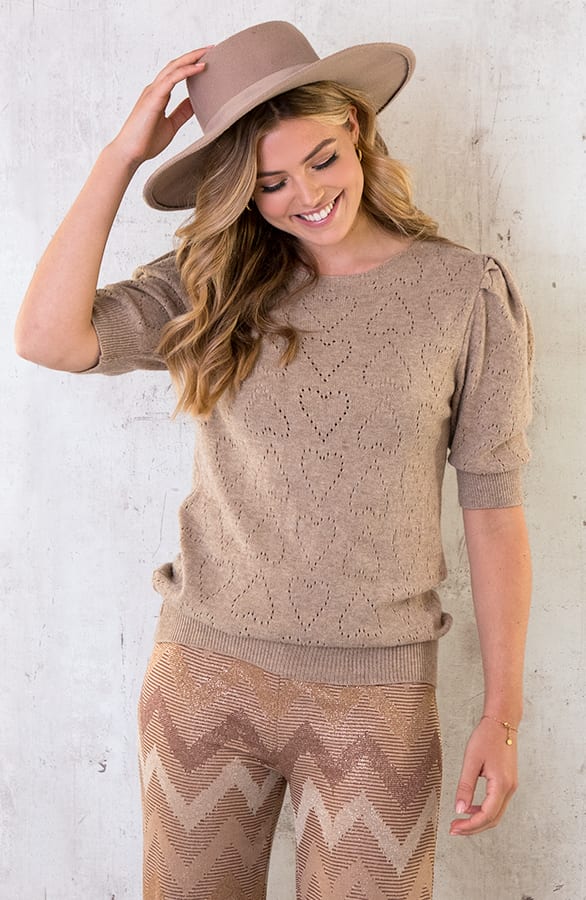 Hartjes Knitted Pofmouwen Top Taupe – shoparchief, foto 8