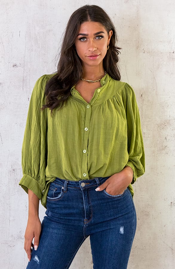 Katoenen Knopen Blouse Olive – shoparchief, foto 1