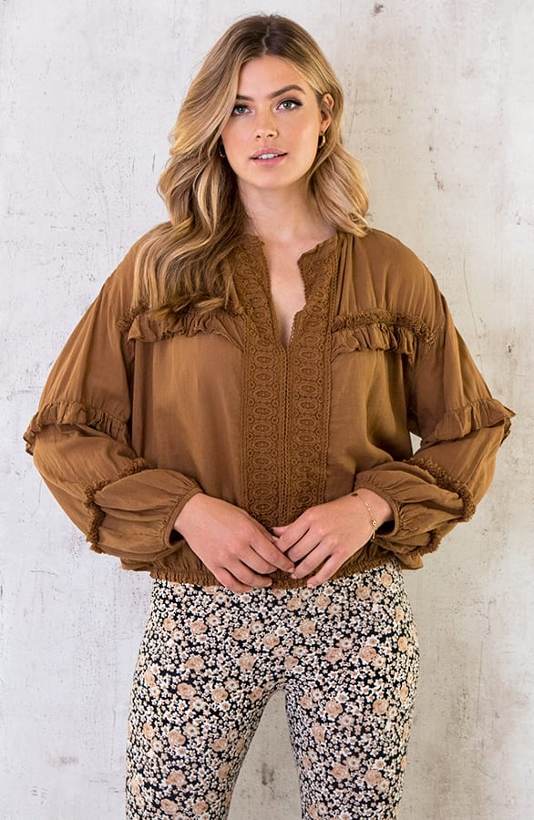 Katoenen Ruches Blouse Cognac – shoparchief, foto 6