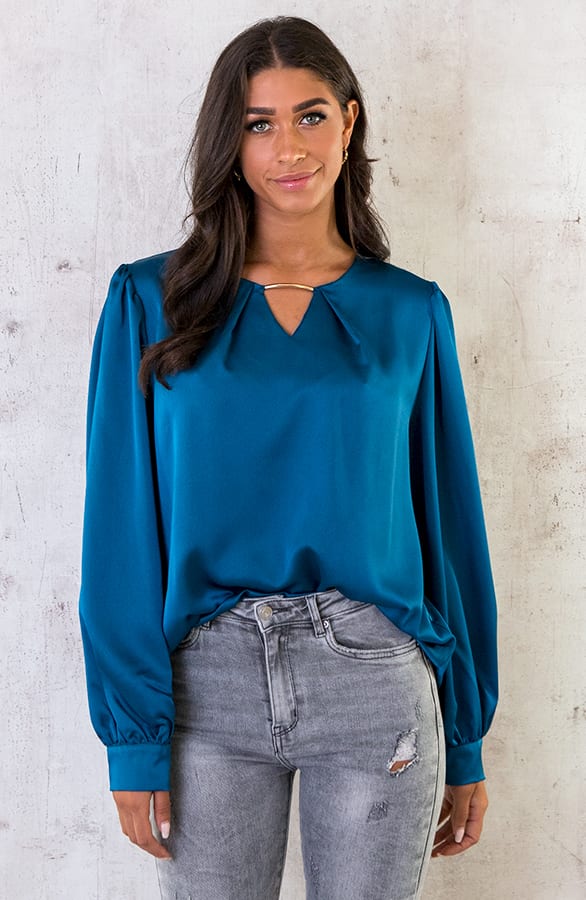 Silk Blouse Met Gouden Detail Petrol – shoparchief, foto 2