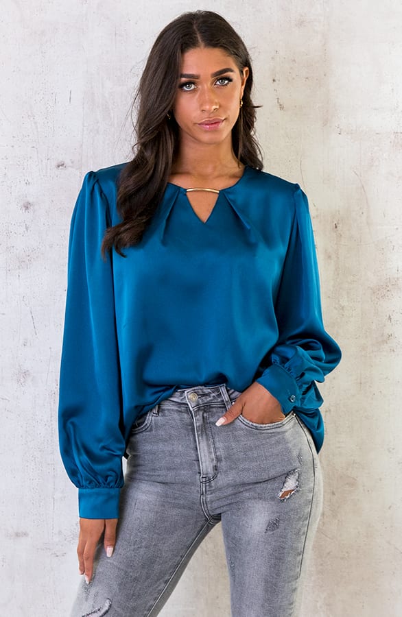 Silk Blouse Met Gouden Detail Petrol – shoparchief, foto 1
