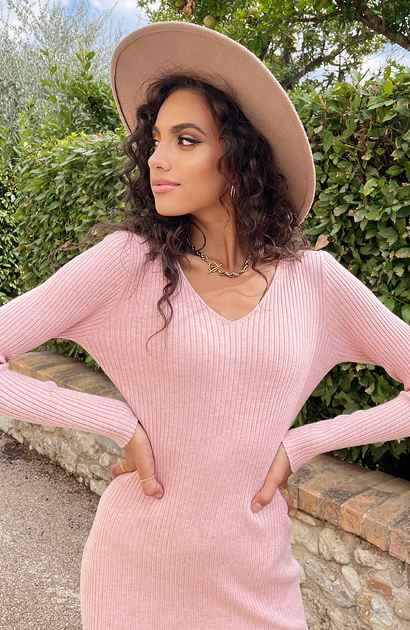 V Neck Stretch Dress Roze – shoparchief, foto 7