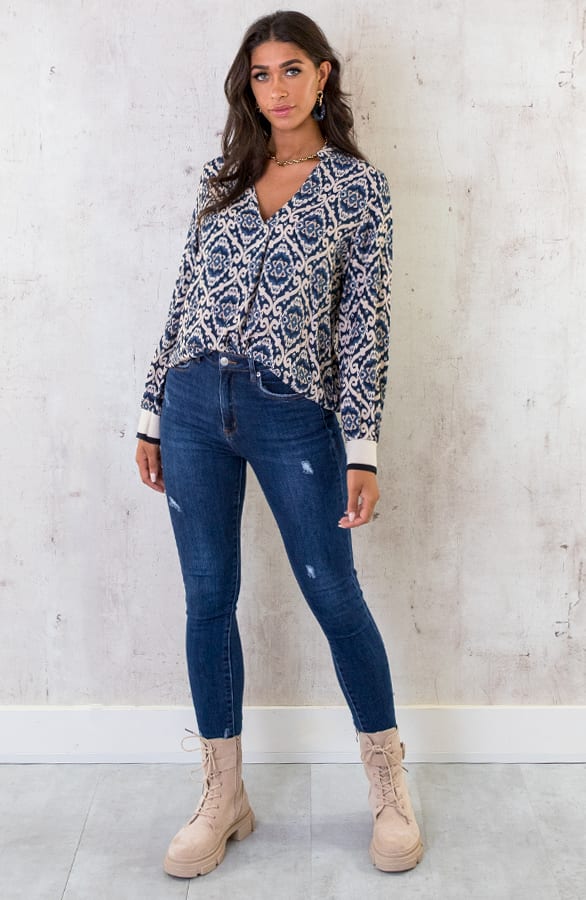 V-hals Print Blouse Blauw – shoparchief, foto 6