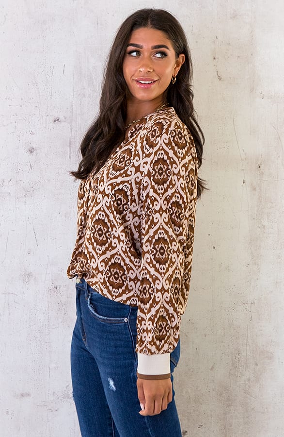 V-hals Print Blouse Camel – shoparchief, foto 3