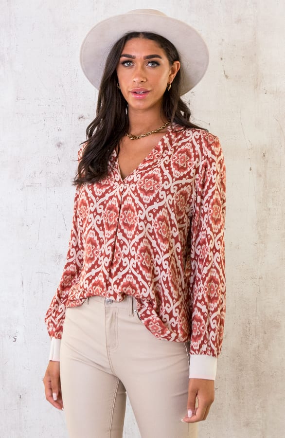 V-hals Print Blouse Terracotta – shoparchief, foto 1