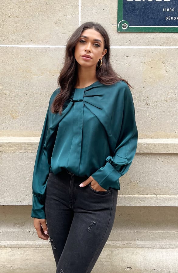 Zijden Strik Blouse Smaragd – shoparchief, foto 1