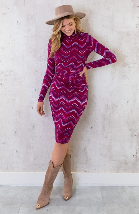 Aansluitende Jurk Overslag Gedrapeerd Magenta – shoparchief, foto 3