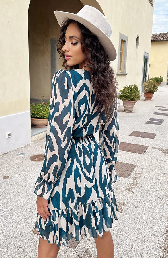 Ruffle Jurk Print Petrol Beige – shoparchief, foto 5