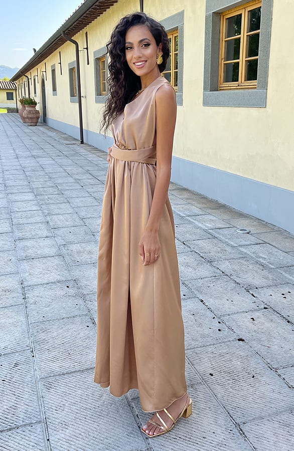 Halter Satin Dress Camel – shoparchief, foto 2