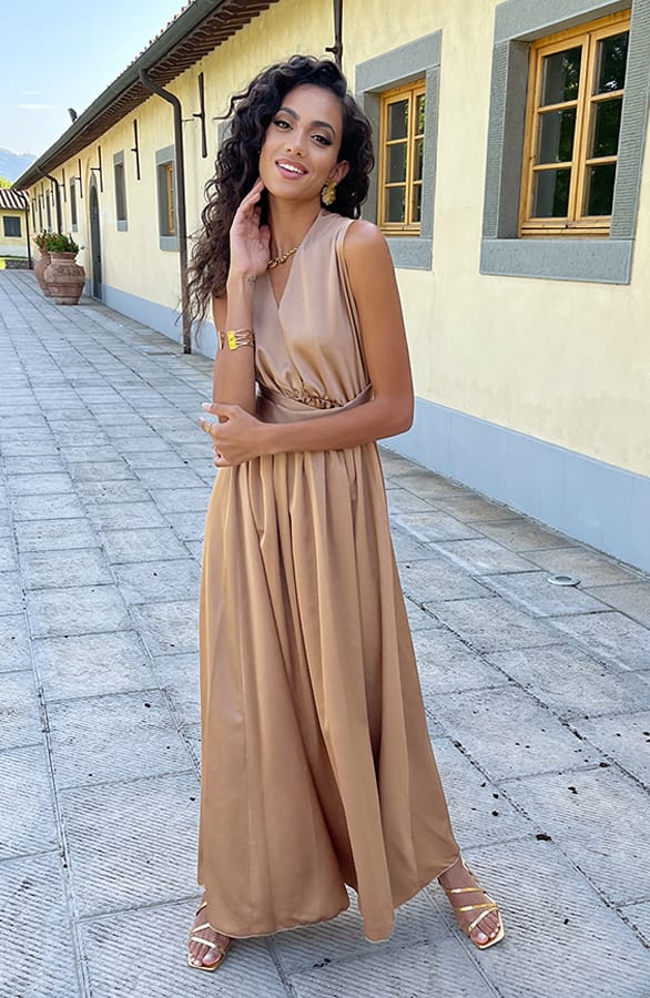 Halter Satin Dress Camel – shoparchief, foto 4