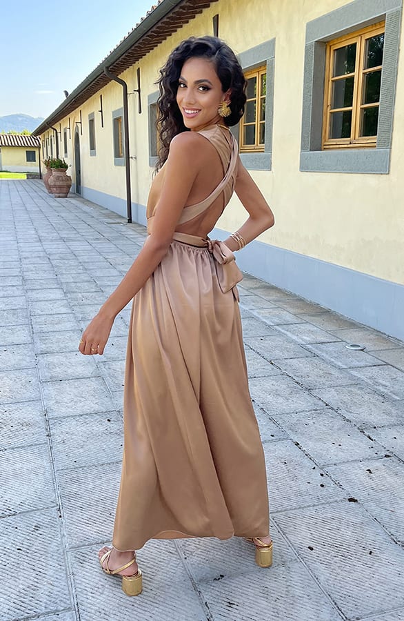 Halter Satin Dress Camel – shoparchief, foto 5
