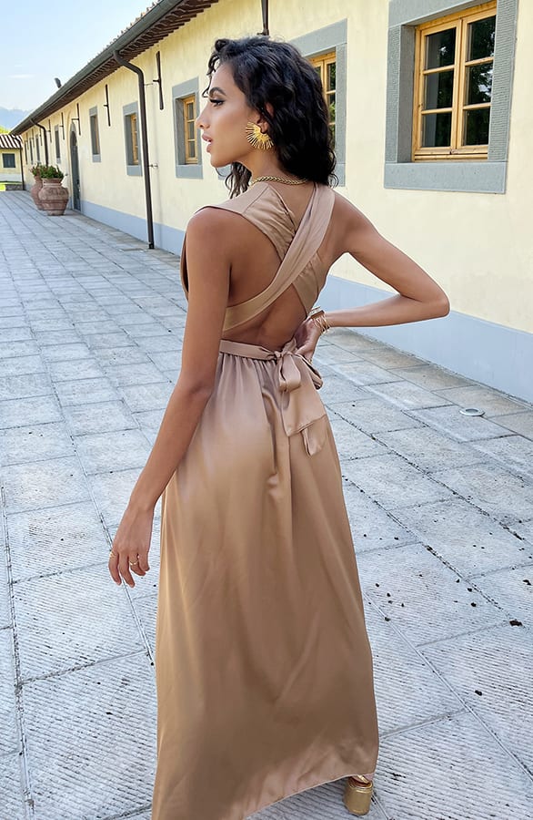Halter Satin Dress Camel – shoparchief, foto 7