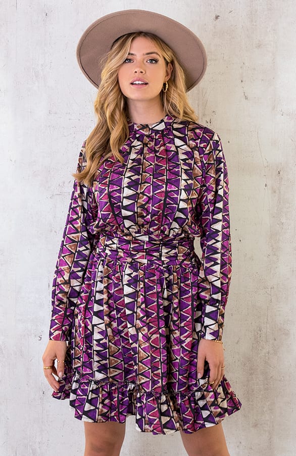 Ruffle Jurk Met Retro Print Paars – shoparchief, foto 3