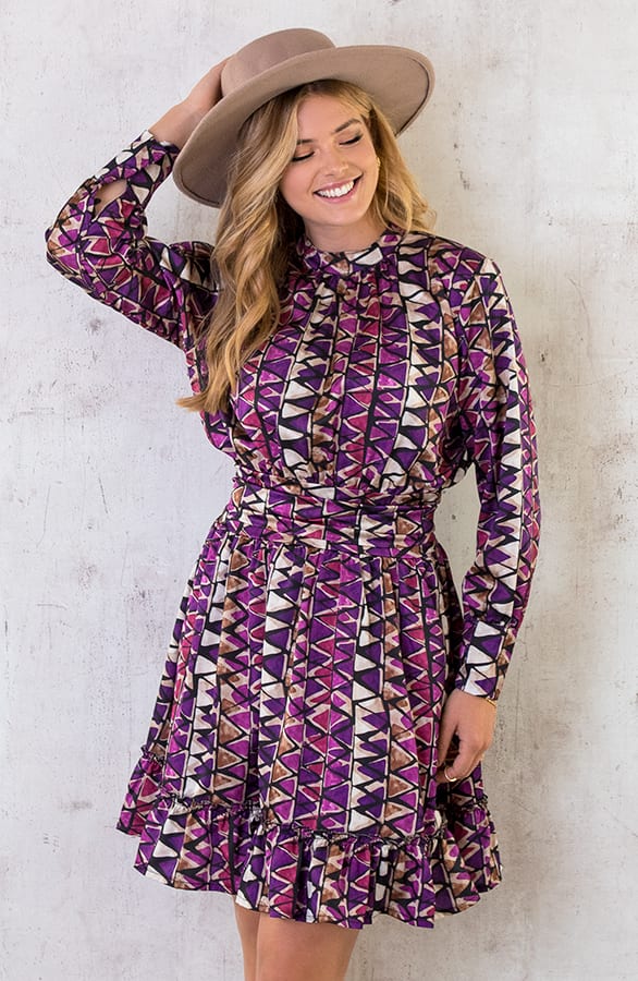 Ruffle Jurk Met Retro Print Paars – shoparchief, foto 4