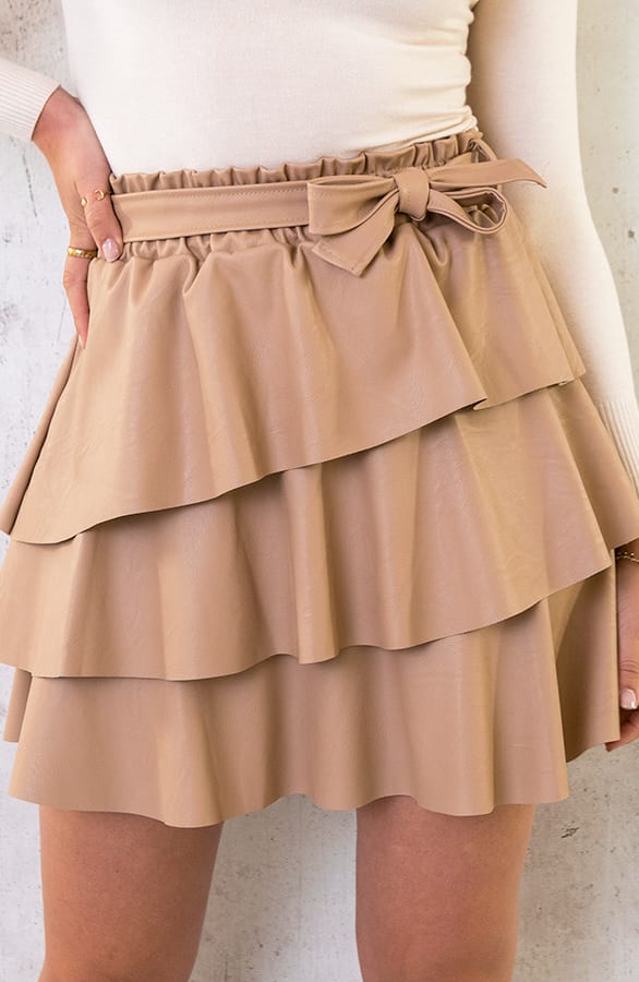 Leren Ruffle Rok Camel – shoparchief, foto 1