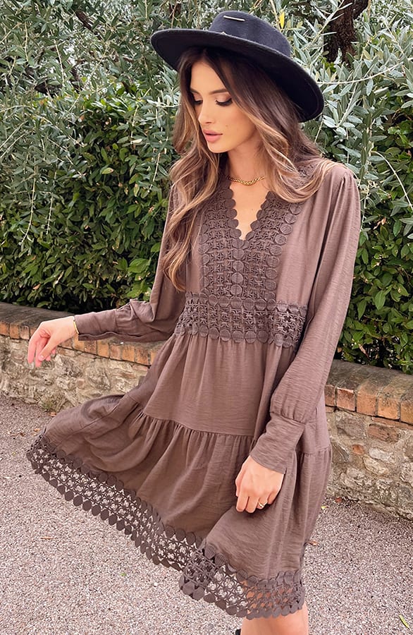 Luxe Embroidery Jurk Katoen Bruin – shoparchief, foto 1
