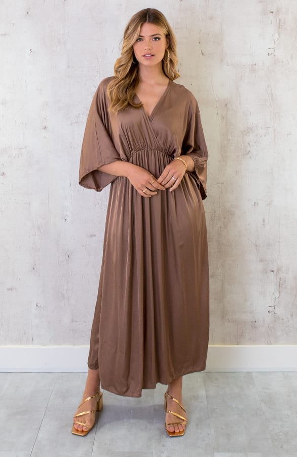 Oversized Satin Dress Camel – shoparchief, foto 7