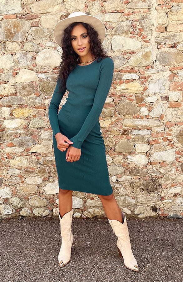 Round Neck Stretch Dress Petrol – shoparchief, foto 9