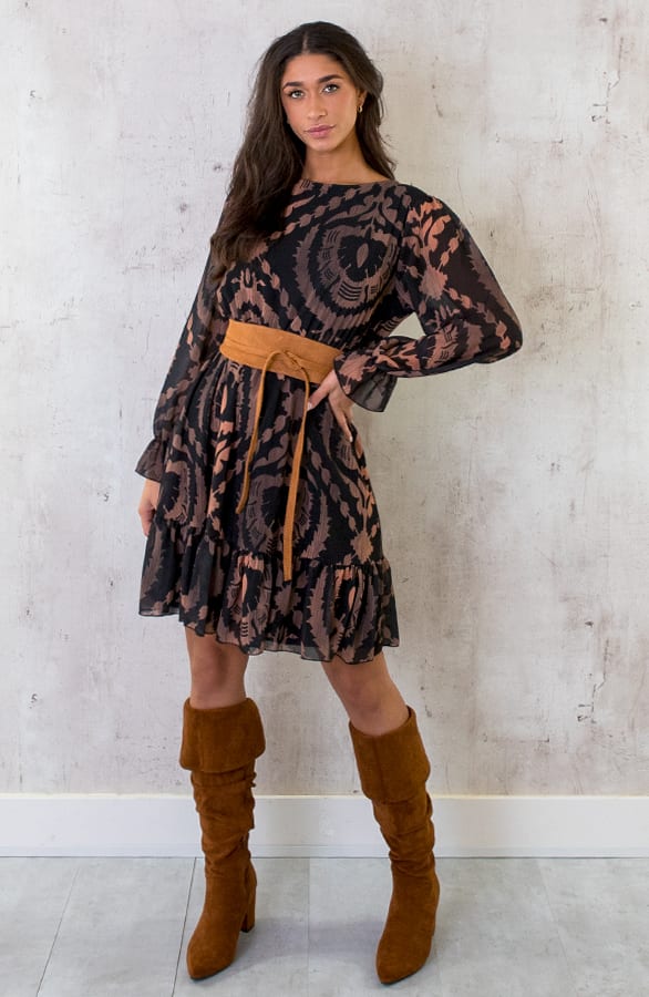 Ruffle Jurk Print Zwart Camel – shoparchief, foto 6