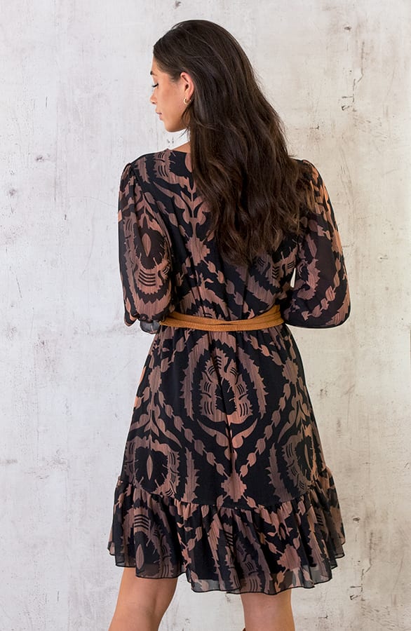 Ruffle Jurk Print Zwart Camel – shoparchief, foto 4