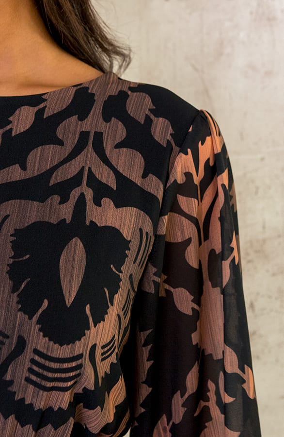 Ruffle Jurk Print Zwart Camel – shoparchief, foto 5