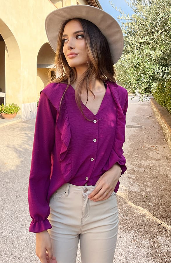 Ruffle V-hals Blouse Magenta – shoparchief, foto 4