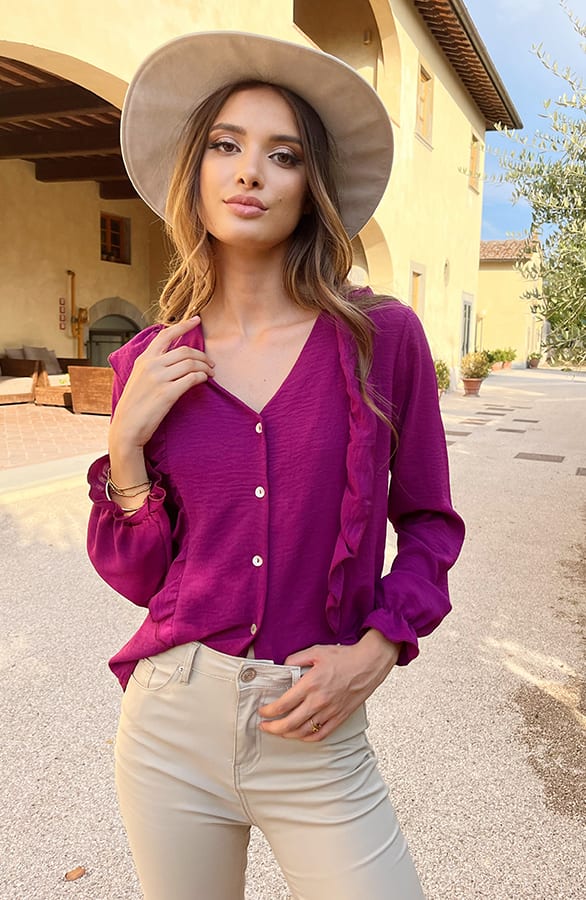 Ruffle V-hals Blouse Magenta – shoparchief, foto 3