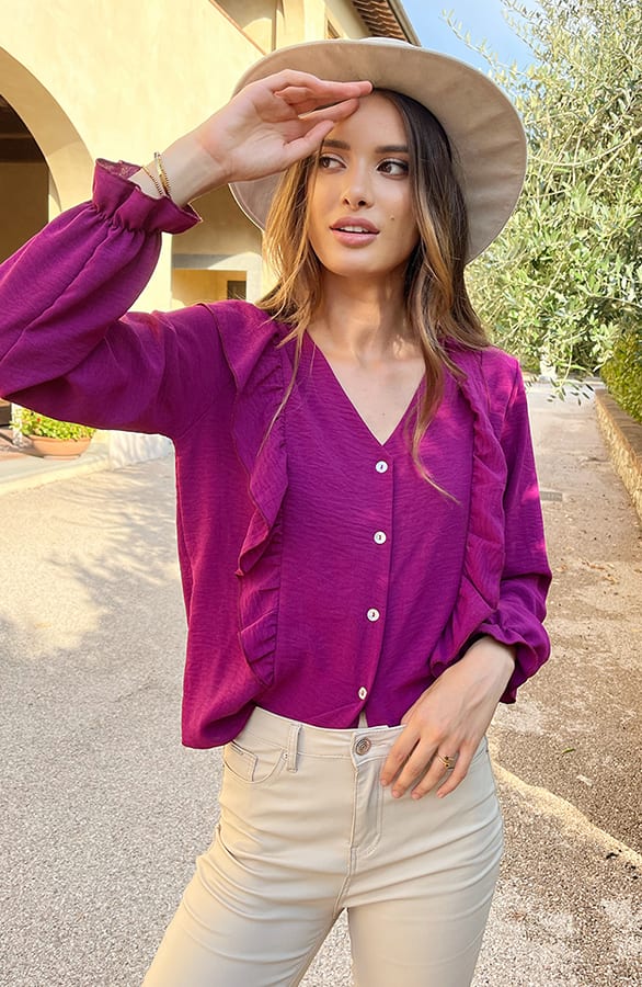 Ruffle V-hals Blouse Magenta – shoparchief, foto 2