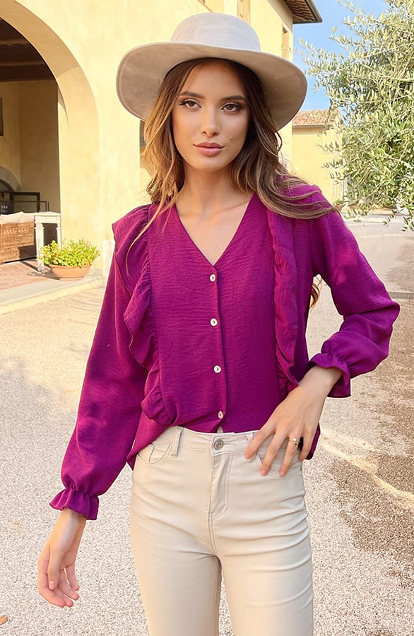 Ruffle V-hals Blouse Magenta – shoparchief, foto 1