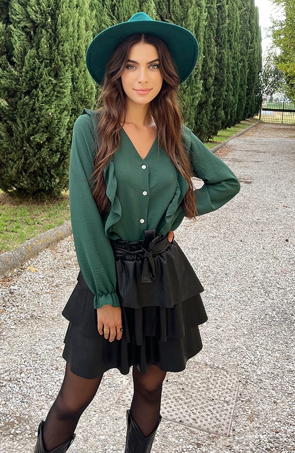Ruffle V-hals Blouse Smaragd – shoparchief, foto 7