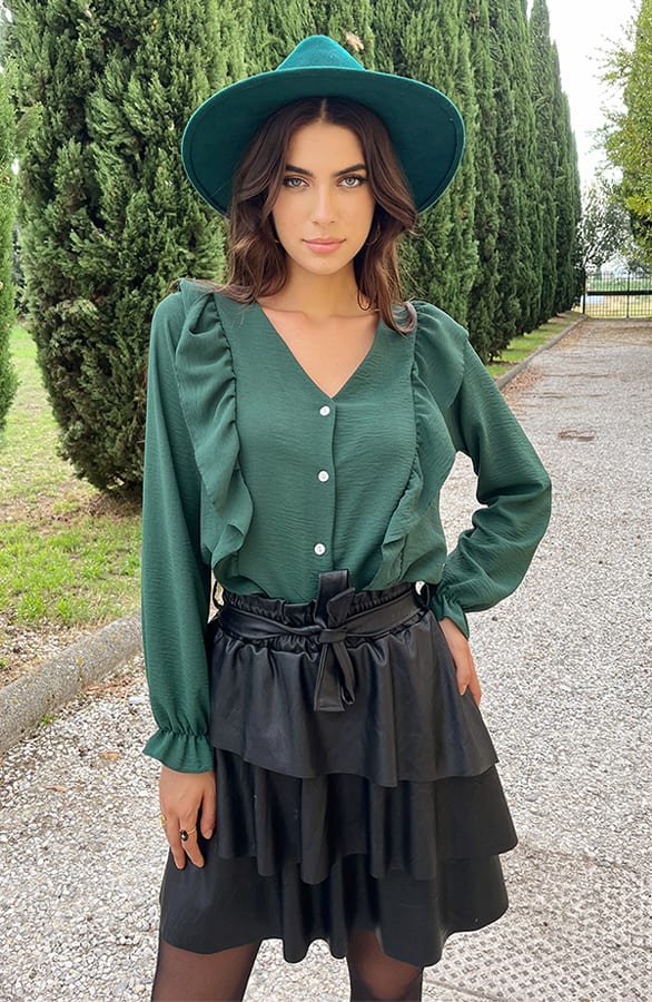 Ruffle V-hals Blouse Smaragd – shoparchief, foto 1