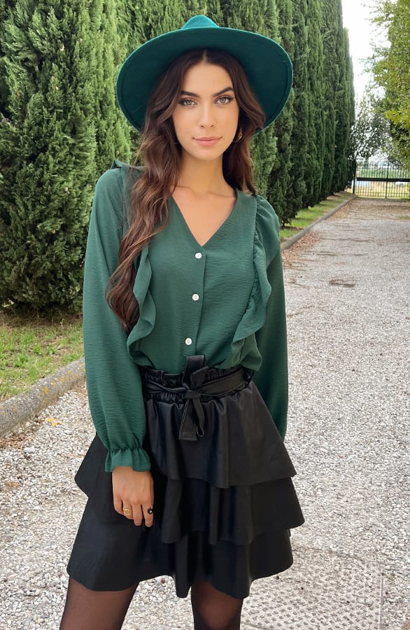 Ruffle V-hals Blouse Smaragd – shoparchief, foto 2