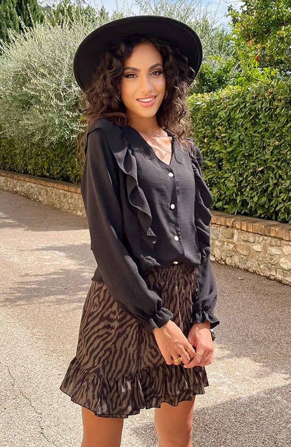 Ruffle V-hals Blouse Zwart – shoparchief, foto 1