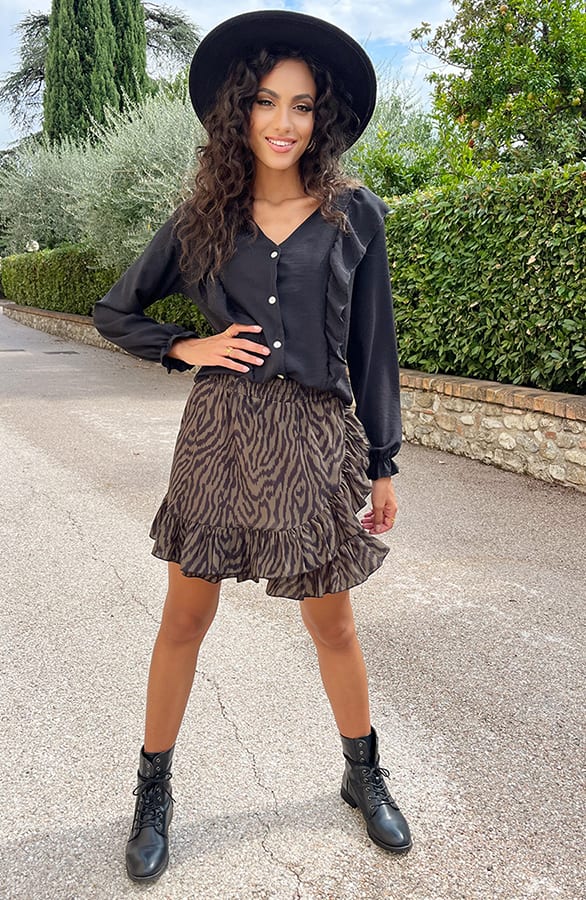 Ruffle V-hals Blouse Zwart – shoparchief, foto 5