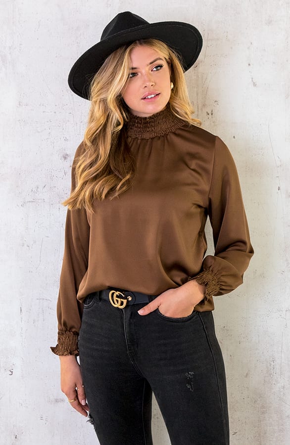 Satijnen Col Blouse Choco – shoparchief, foto 4